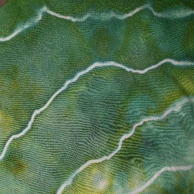 Druid's Grove, dye over ice, tied with sinew in geode lines on underwear cotton.