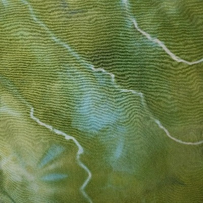 Teal Garden, dye over ice, tied with sinew in geode lines on underwear cotton.